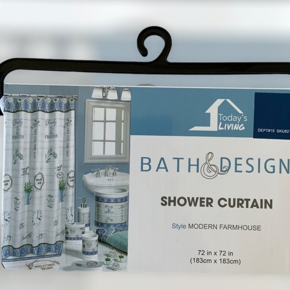 Modern Farmhouse Fabric Shower Curtain White Blue Multicolor 72 in X 72 in - Picture 2 of 16